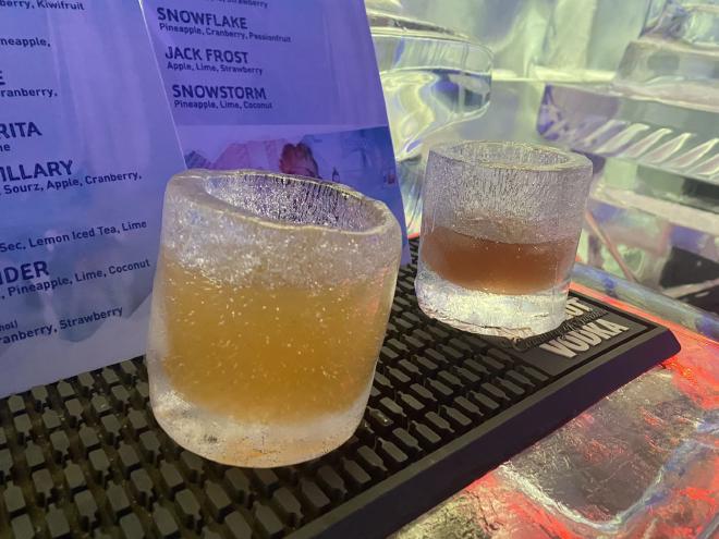 Our drinks in ice 'glasses' at the Ice Bar