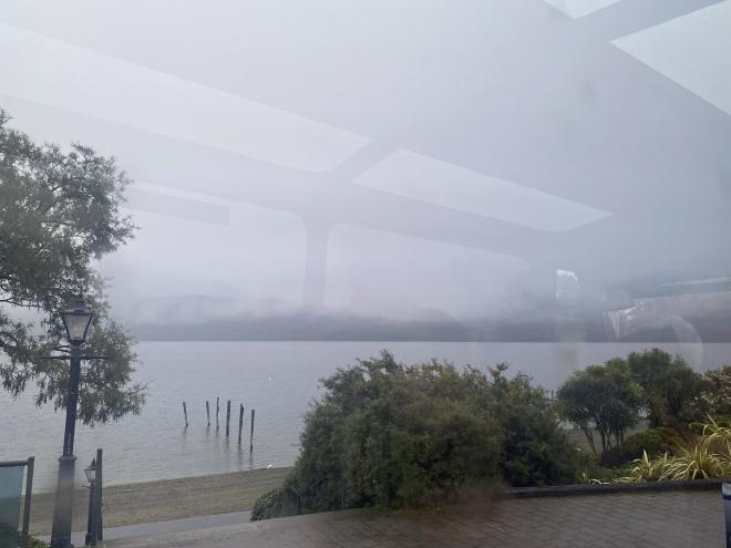 A misty and rainy view out over the bay at Te Anau
