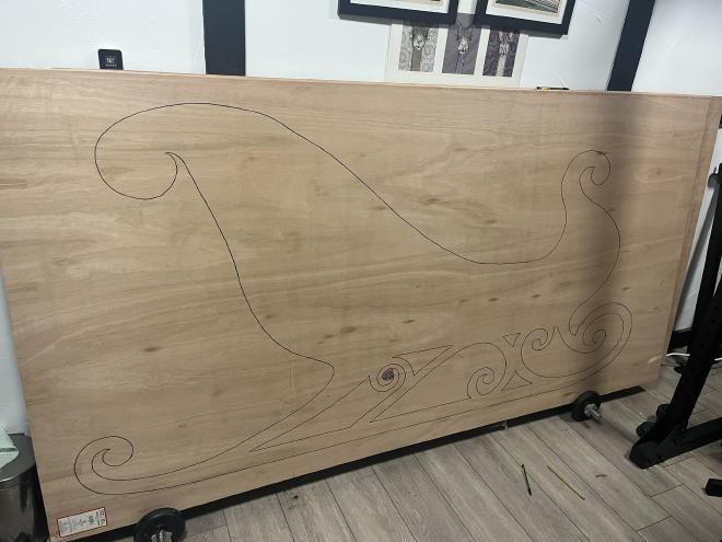 The completed tracing of the sleigh onto the plywood