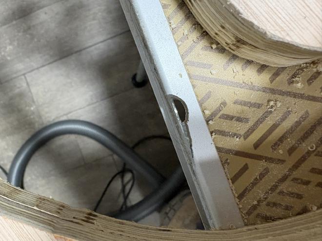 Cutting the table underneath the plywood