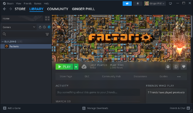 A screenshot of the Steam application showing 1000 hours played of Factorio