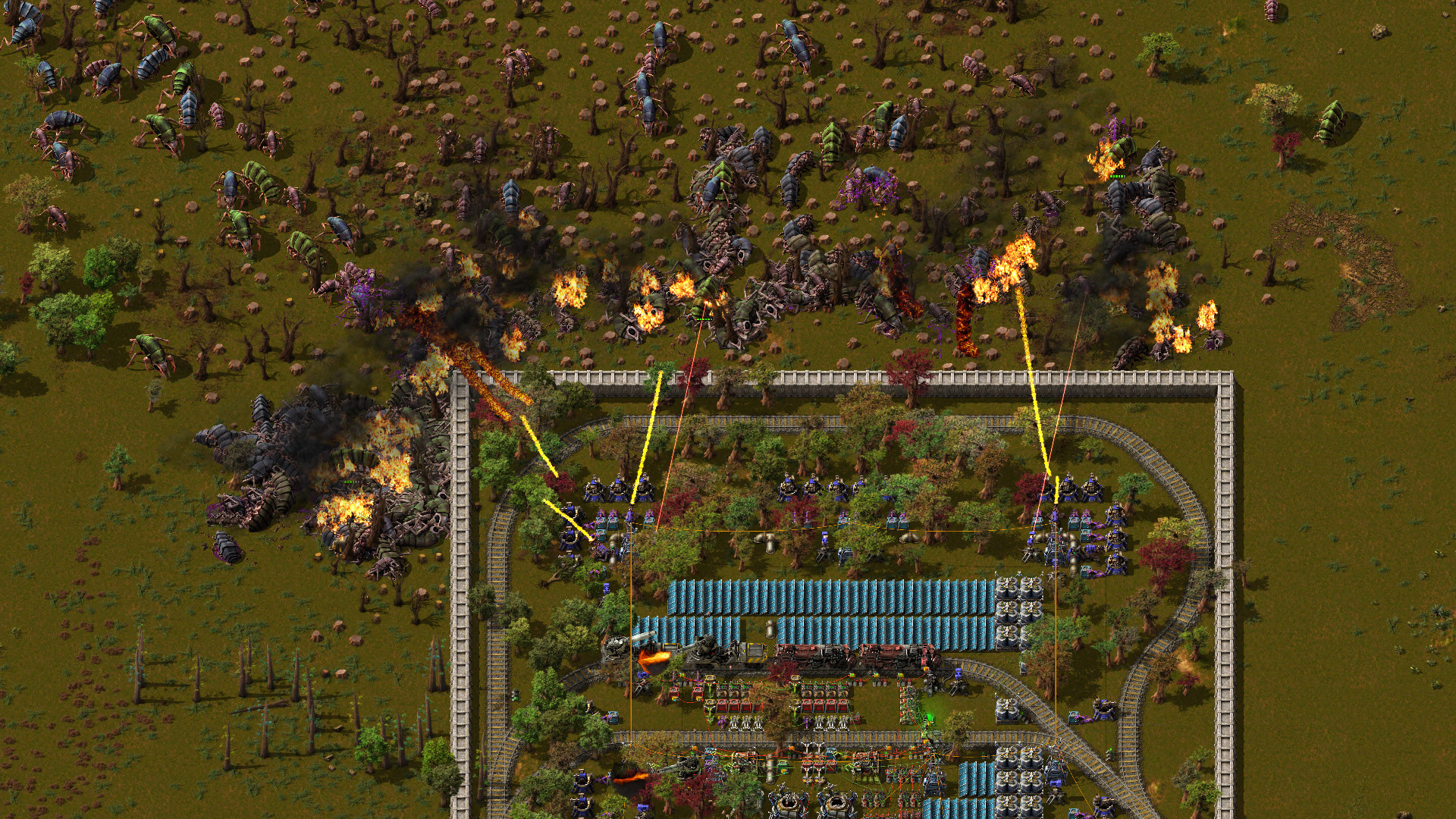 Picture of bug-like aliens attacking a Factorio base