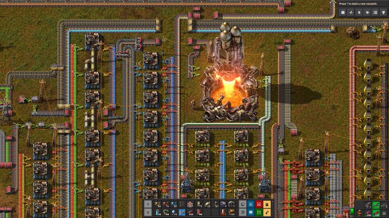 Screenshot of Factorio where a rocket is launching out of a silo surrounded by a factory/home/pw/Downloads/press-kit/screenshots/screenshot-6.jpg