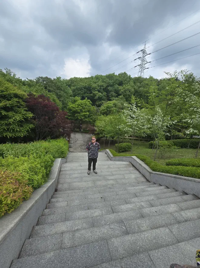 A man pauses with his hands behind his back while walking up stone stairs in a park