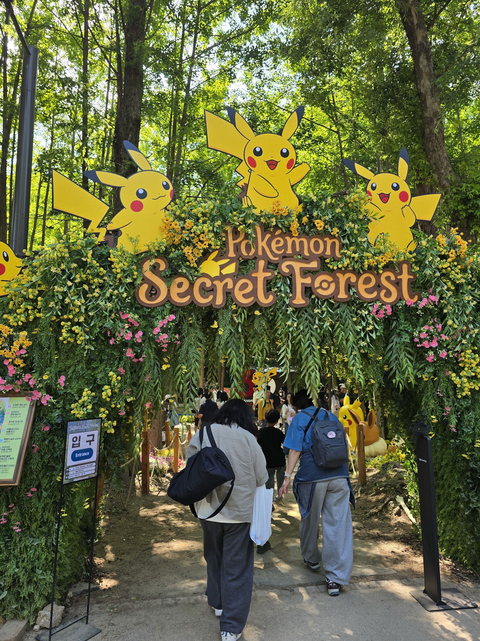 The Entrance to the Pokémon Secret Forest A natural archway with three Pikachu on with the text ‘Pokémon Secret Forest’ on it