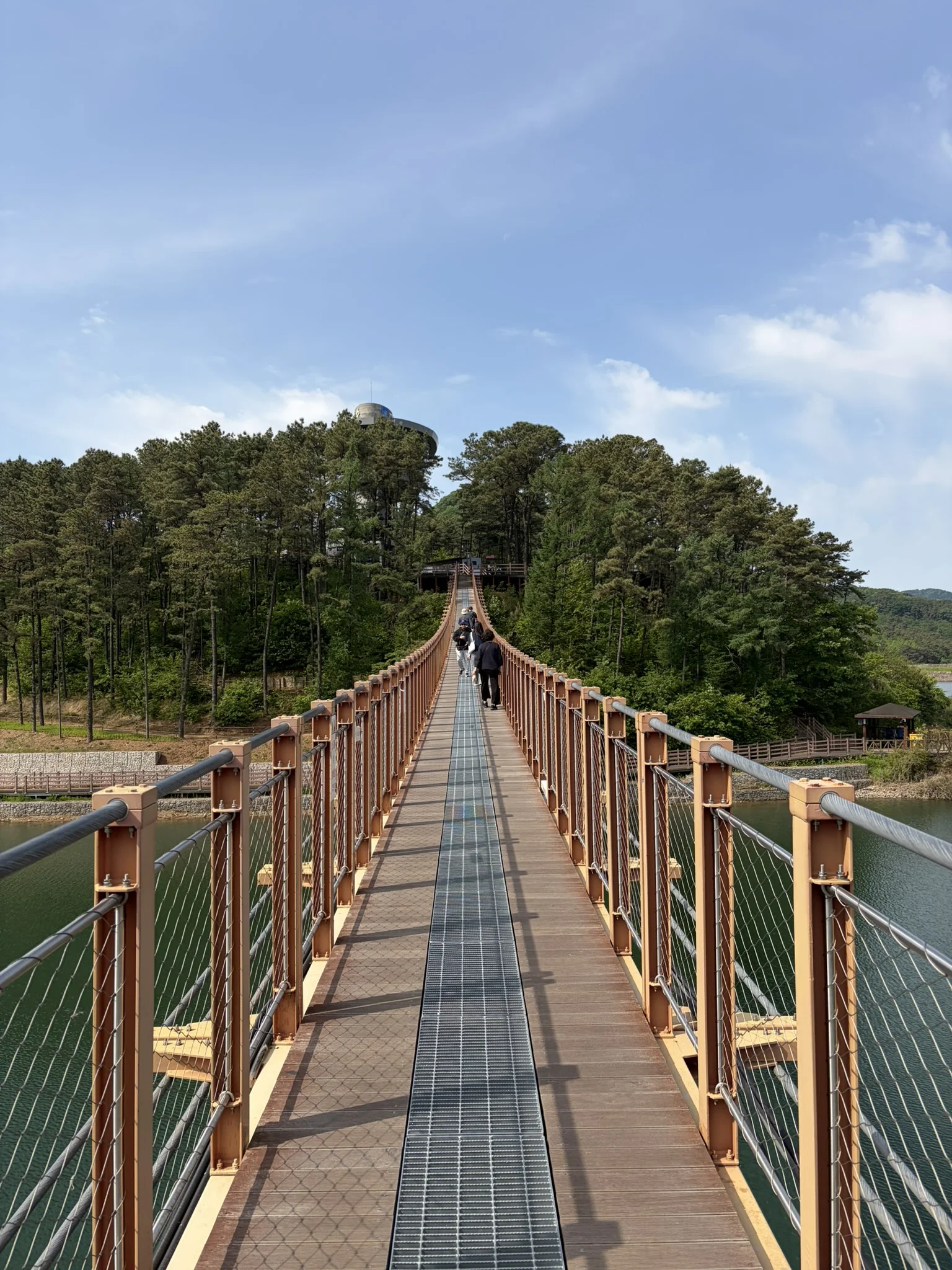 The Majang Lake Suspension Bridge A narrow bridge across a blue-green lake with trees on the far side