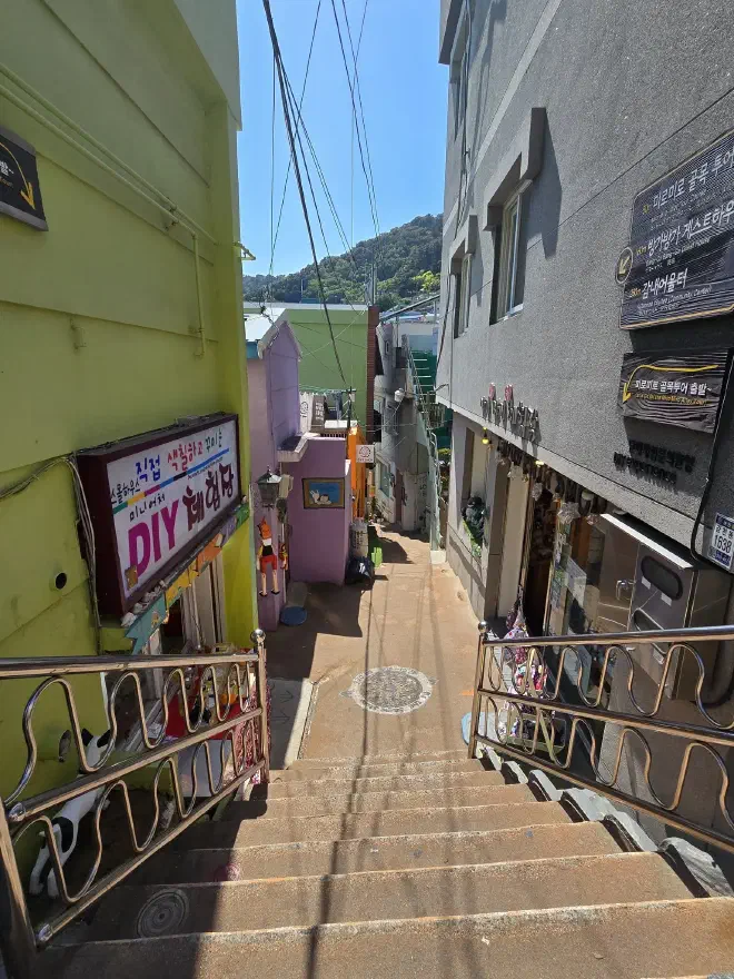 Steps leading down to a narrow street with shops either side