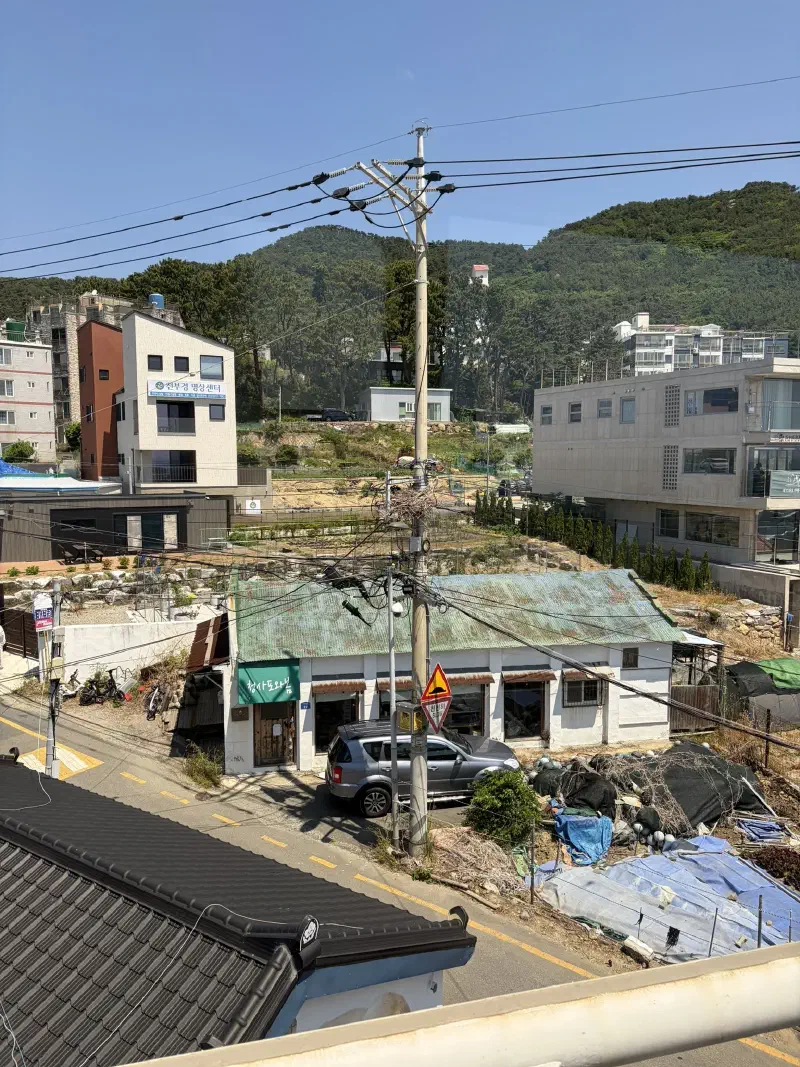 A telephone pole surrounded by houses, with many wires from every direction tied together. A birds nest sits on the wires