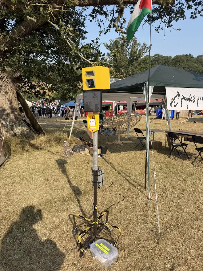 A small speed camera A small yellow speed camera sits on a pole in a field