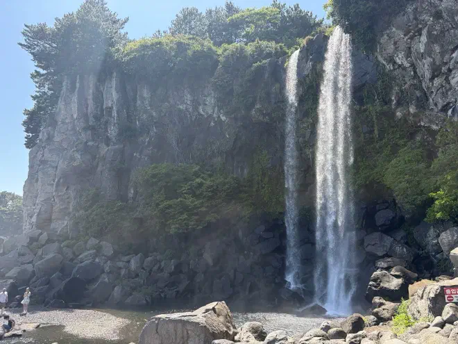A waterfall over a sheer rocky cliff with trees growing on top and the sides
