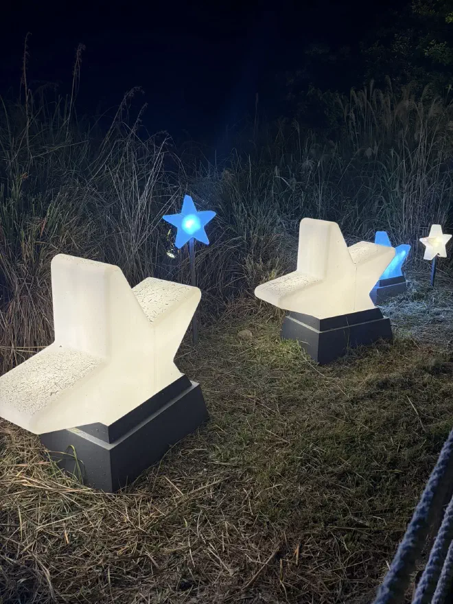 White and blue star shaped lights sit on grass at night