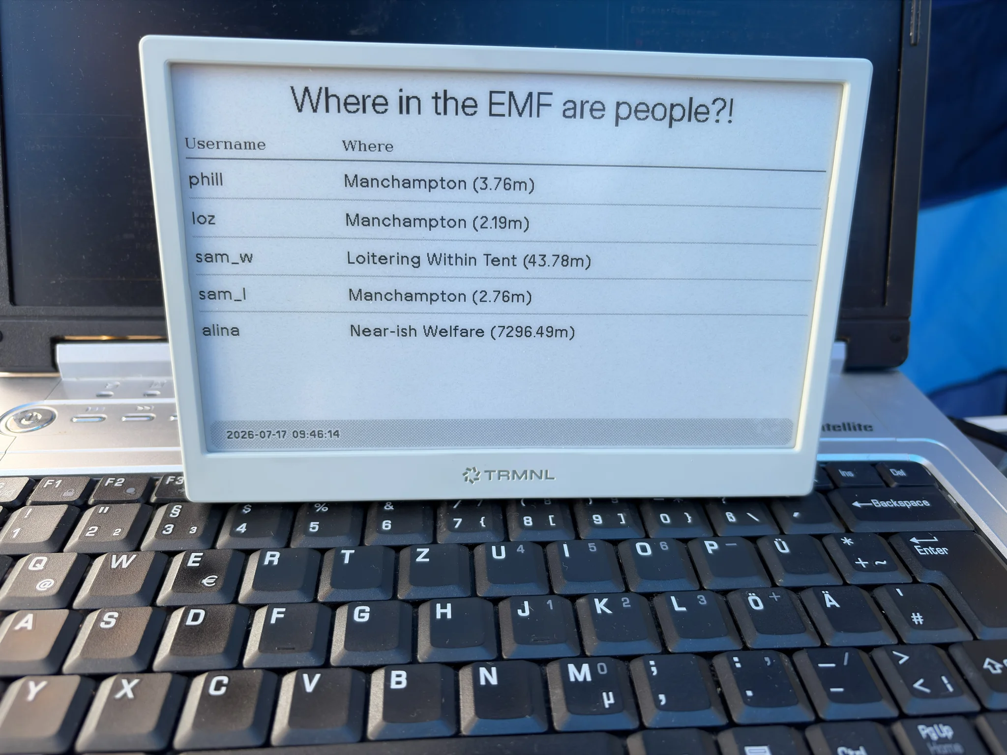 A TRMNL to hang outside our tent An ePaper device showing a table with one name and location