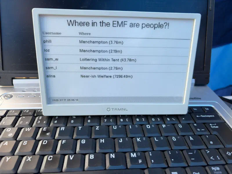 An ePaper device showing a table with one name and location