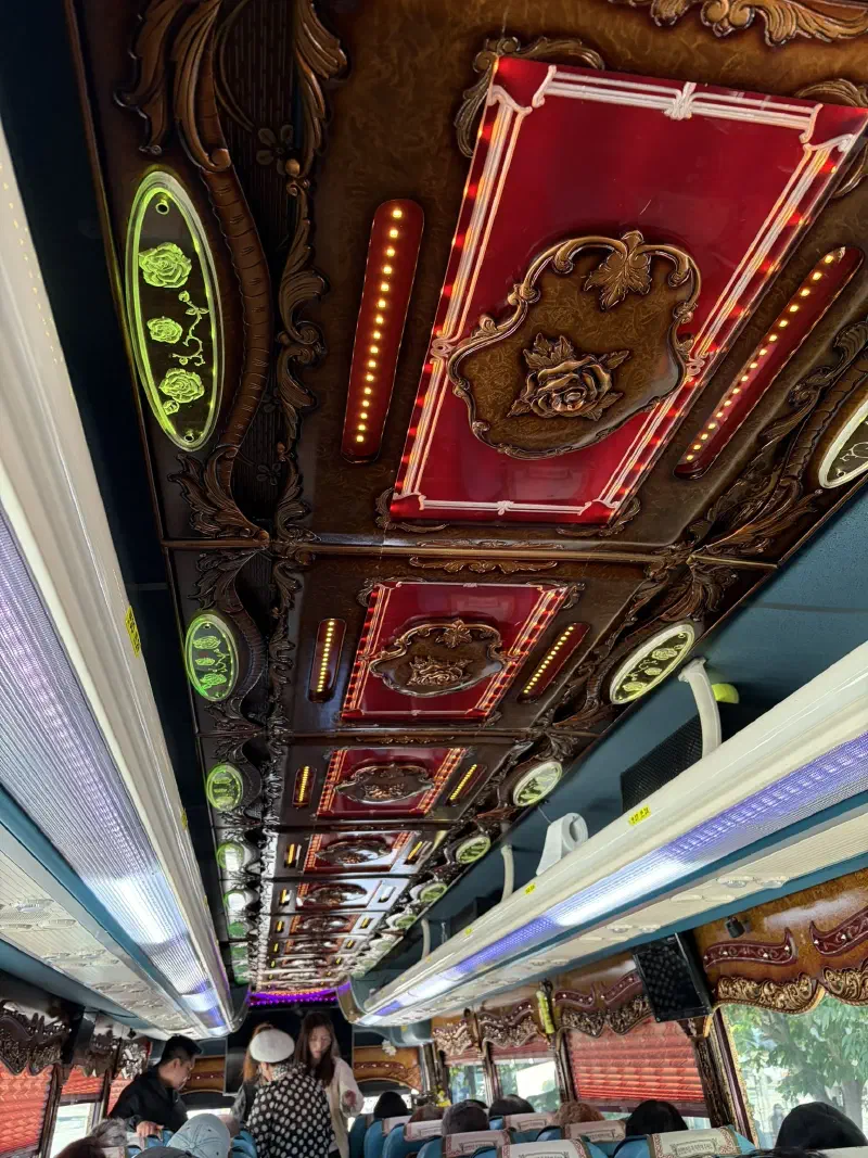 Plastic designed to look like dark carved wood runs the length of a coach ceiling, adored with red and green LEDs