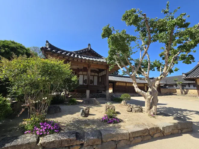 A dry dirt garden with several trees and plants sits infront of a traditional building with a dirt courtyard