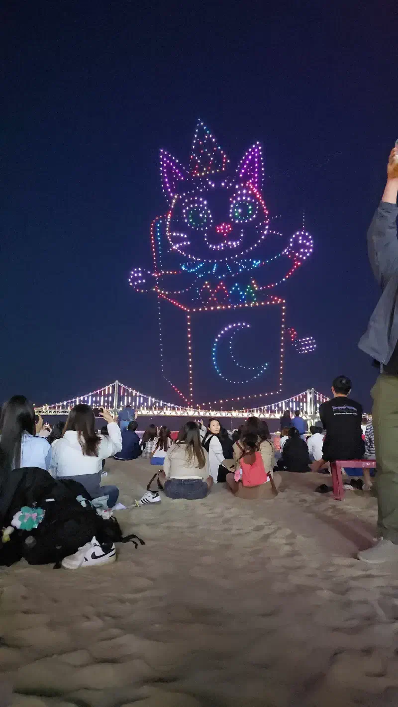 A cat-jack-in-a-box hangs in the sky over a bridge while people look on from a beach