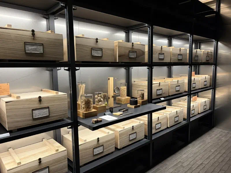 Multiple boxes on a metal rack with brass labels alongside glass containers holding dried botanical samples and traditional herbal materials