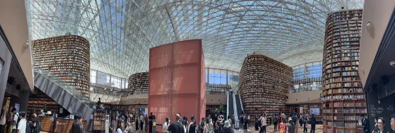 A panoramic picture of a shopping centre with tall walls covered in books